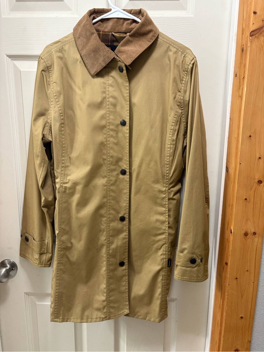 Barbour Tan Trench Coat with Brown Corduroy Collar